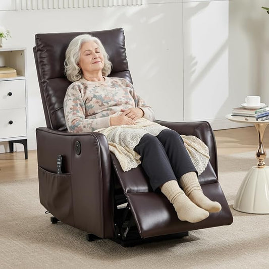PELUMY Manual Lift Recliner Chair with Massage and Heat for Elderly, Single Motor Electric Lift Chair, Heavy Duty Recliner with USB Charging & Side Pockets (Breathable Leather, Brown)