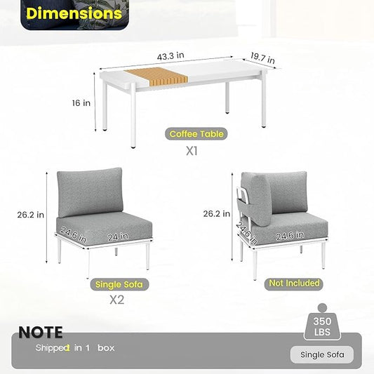 Sundale Outdoor 3 Pieces Patio Furniture Set, Metal Outdoor Sectional Sofa with 6 Inch Olefin Cushion and Coffee Table, All-Weather Modern Outdoor Conversation Sets (Wihte Frame)
