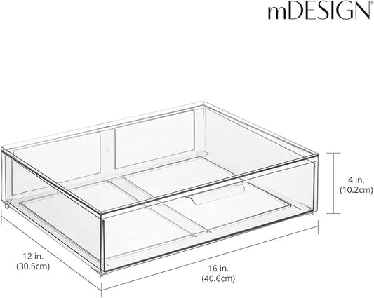 mDesign Wide Plastic Stackable Bathroom Storage Organizer Bin with Pull Out Drawer for Cabinet, Vanity, Shelf, Cupboard, Cabinet, Countertop, Closet Organization - Lumiere Collection - 2 Pack - Clear