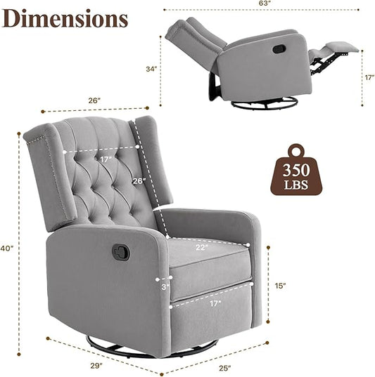 360 Swivel Rocker Recliner Chair for Adults, Nursery Chair for Small Spaces Living Room, Upholstered Fabric Glider Recliner, Pigeon Grey