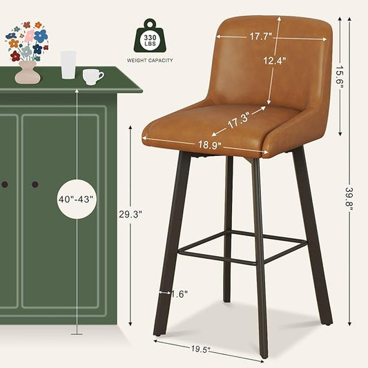 Swivel Counter Height Bar Stools Set of 3, 30''H Upholstered Barstools with Backs, Modern Bar Stool Chairs for Kitchen Island, Metal Legs, Faux Leather, Whiskey Brown Stools Counter Chair