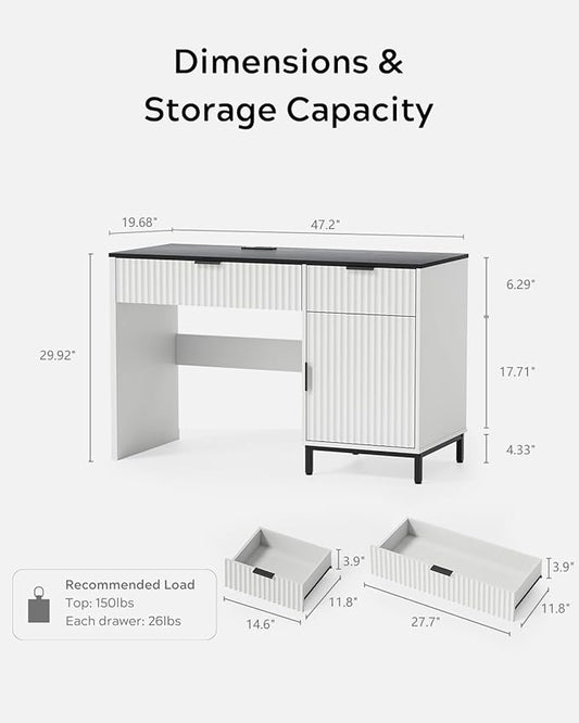47" Fluted Executive Desk, Modern Wood Home Office Desk with Charging Station, Drawer & Cabinet, Computer Writing Desk for Work Study, White and Black