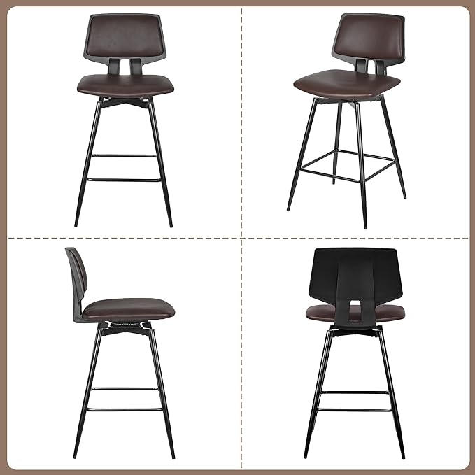 VECELO Swivel Leather Bar Stools Set of 2, Counter Height Barstools with Back, Metal Legs, 35.2-Inch Tall Barstools for Kitchen Island, Home Bar, Cafe, Brown