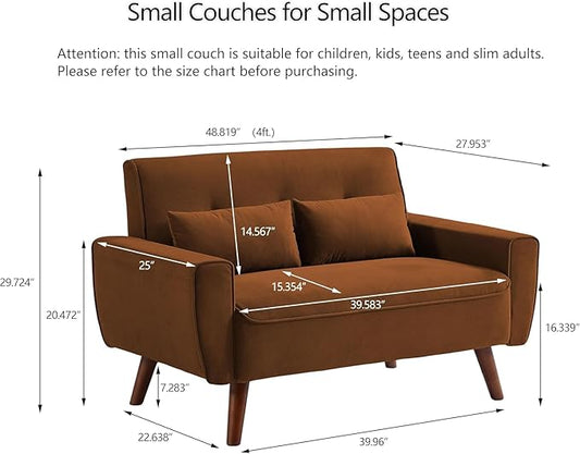 48.8" Small Loveseat Sofa, Mid Century Modern Love Seat Couch with Back Cushions and Plastic Legs, 2 Seater Couches for Living Room, Bedroom, Small Spaces, Orange