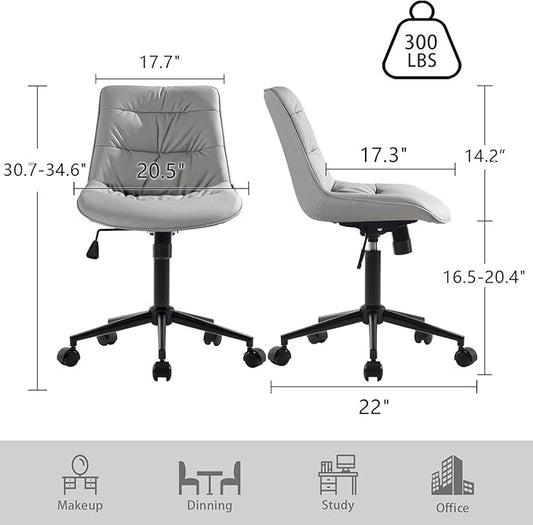 Kidol & Shellder Faux Leather Office Chair, Adjustable Swivel Height Task Chair, Rolling Wheels & Soft Backrest - Armless Ergonomic Desk Chair for Home, Office,Vanity,Gaming(Gray)
