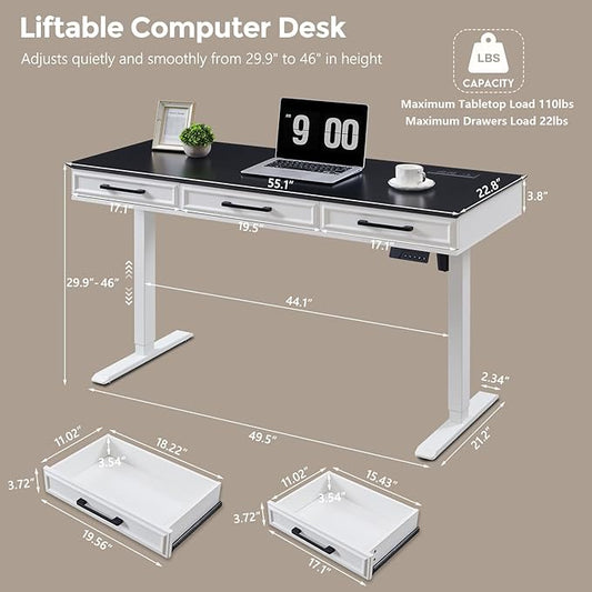 55x22 Inch Electric Standing Desk with One-Piece Desktop, Adjustable Height Computer Desk with 3 Storage Drawers & Power Outlets, Sit to Stand Up, Gaming Table for Home Office and Study, White