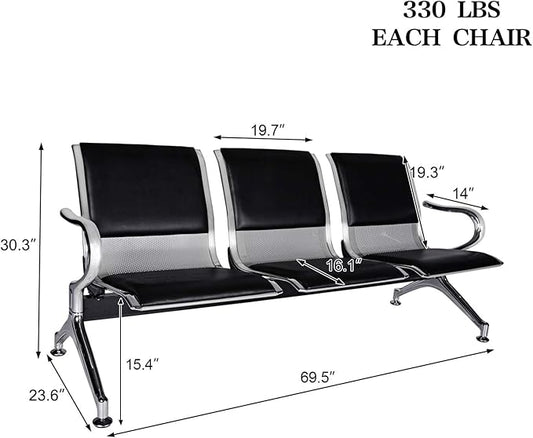 Kinsuite 3-Seat Waiting Room Bench - PU Leather Waiting Room Chairs with Arms & Non-Slip Foot Mats, Reception Chairs Guest Chair for Office Airport Bank Salon, Black