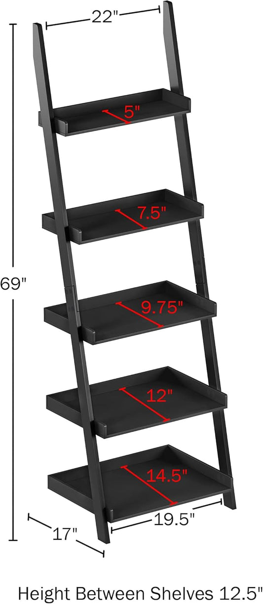 Lavish Home Bookshelf - 5-Tier Ladder Shelf with Leaning Look - Bookcase for Home Decor and Office Storage - Freestanding Book Shelves (Black)
