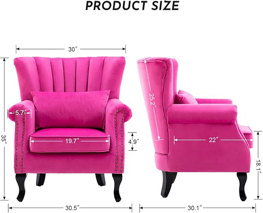 Accent Reading Arm Chairs Midcentury Modern Comfy Corner Sofa Chair, Wingback Waiting Room Club Chair with Tufted Back for Living Room/Bedroom/Reception Room, Velvet Rose