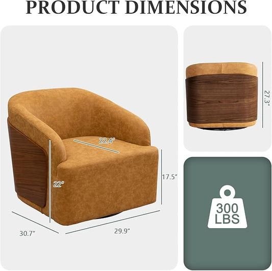 Swivel Accent Chair Faux Leather Swivel Barrel Chair Comfortable Mid Century Modern Chair Upholstered Metal Base Armchair for Living Room Bedroom Office Large Vintage Yellow