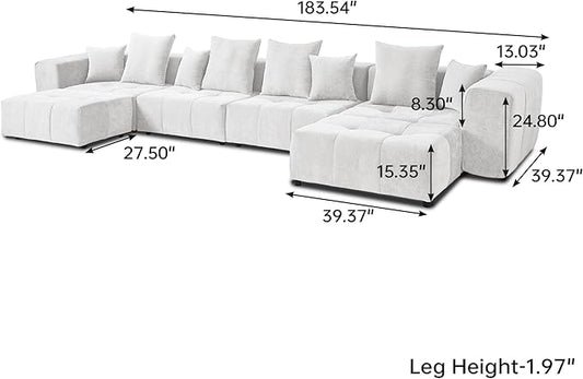 JACH 183.5 Inch U-Shaped Modular Sectional Sofas, Modern 4-Seater Couch with Chaise Ottomans, Mid Century Modern Sectional Couches, Cozy Sleeper Sofa for Living Room (Linen Fabric, White)