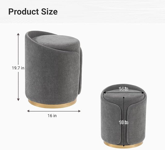 Swivel Vanity Stool with Gold Base Comfy Vanity Chair Modern Round Stool for Makeup Vanity Ottoman Foot Rest for Bedroom livingroom (Dark Gray)