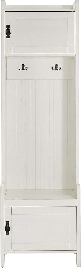 Crosley Furniture Fremont Hall Tree with Storage Cabinets and Coat Rack Hooks for Hanging, Distressed White