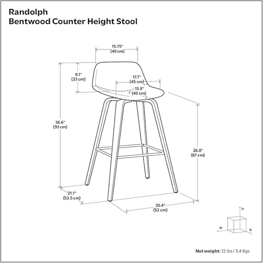 SIMPLIHOME Randolph Counter Stools (Set of 2) - 28 Inch Seat Height Upholstered Bentwood Kitchen Seats in Medium Blue Linen Look Fabric, Mid Century Modern Seating with Curved Backrest and Footrest