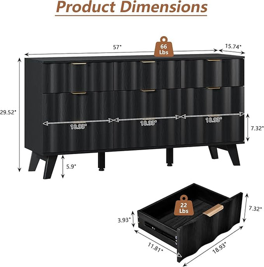 9 Drawer Dresser, Modern Fluted Storage Dresser with Deep Drawers and Metal Handles, Wood Chest of Drawers Storage Organizer for Bedroom, Living Room, Hallway (Black)