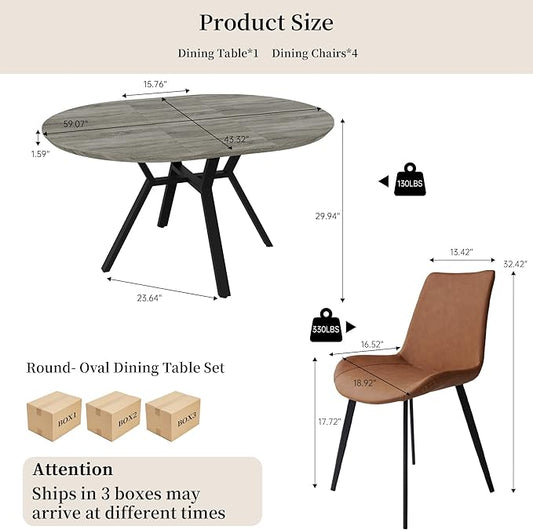 Extendable Round Dining Table Set for 4-6 People, 43.3"-59.1" Extendable Kitchen Table with 4 Upholstered Chairs, Space Saving for Kitchen Dining Room (Grey Table+4 Brown Chairs)