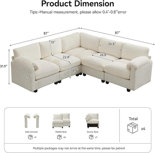87'' V-Shaped Sectional Sofa Couch, 5-Seater Modular Couches for Living Room, Corduroy Deep Seat Cloud Sofa with Center Stitched, Beige