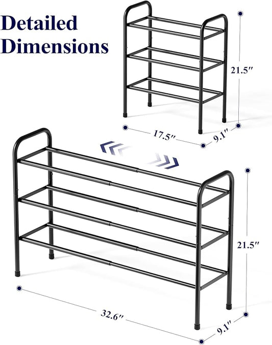 Kitsure Extendable Shoe Rack - 2-Tier Adjustable Metal Shoe Organizer, Sturdy Rust-Resistant Shoe Shelf for Entryway, Closet, or Bedroom, 17.5"–32.6" x 9.1" x 21.5", Black