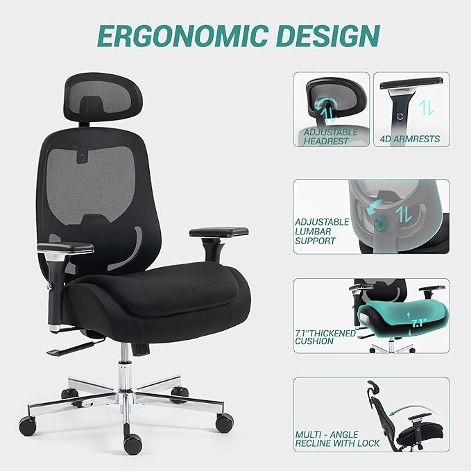 Big and Tall Executive Office Chair, Ergonomic Comfy Mesh Desk Chair with 4D Arms & Extra Wide Seat, Adjustable Headrest & Lumbar Support, 750LBS Capacity, Black