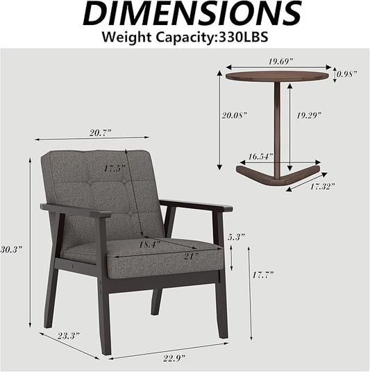 Modern Accent Chair with Wooden Table, Upholstered Linen Fabric Leisure Chair Comfy Side Chair with Backrest Button and Arm Rest for Living Room Bedroom Reading(Gray)