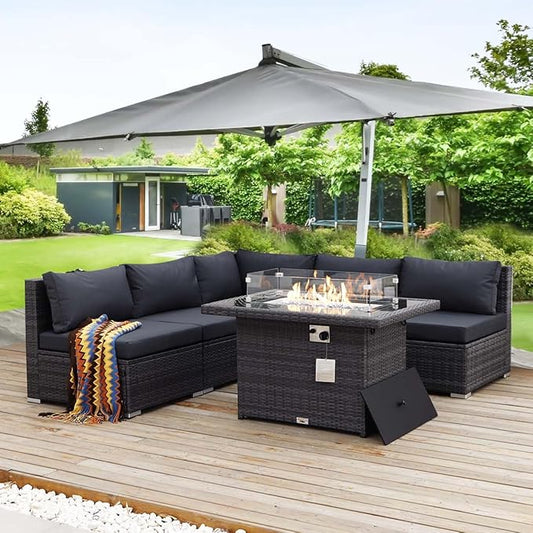 NICESOUL 6 Piece Outdoor Patio Furniture Set with Fireplace Table Natural Gas & Propane, 29.3'' High-Back L Shaped Sectional Sofa Set, Large Deep Seated Modern Conversation Couch for Tall People, Gray