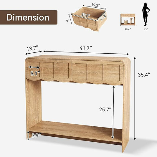 Console Table with 2 Drawers, Mid-Century Modern 42" Entryway Table with Open Storage Shelves, Sofa Table Behind Couch for Living Room, Hallway, Natural