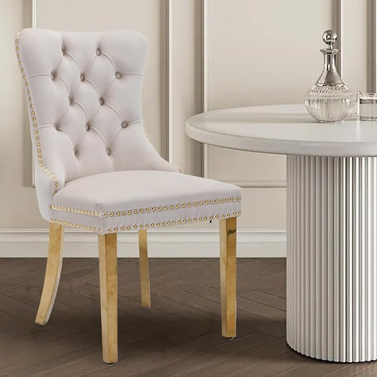 Velvet Upholstered Dining Chairs Set of 6, Modern Style Kitchen Side Chairs with Nailhead Trim and Gold Plated Leg, Metal Pulling Ring for Dining Room Living Room(Beige-Gold Plated Leg)