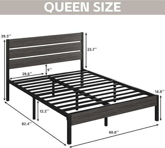 Queen Bed Frame with Headboard and Footboard, Metal Platform Bed Frame with Under Bed Storage, All-Metal Support System, No Box Spring Needed, Easy Assembly,Rustic Grey