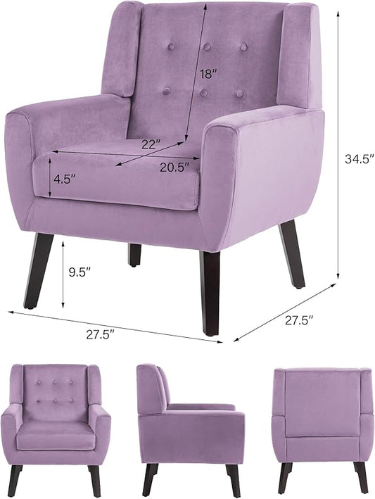 Accent Chair, Mid-Century Modern Velvet Fabric Chairs with Arms for Living Room, Comfy Upholstered Club Single Sofa Armchair for Bedroom Waiting Room with Solid Wood Frame (Velvet Purple, Set of 1)