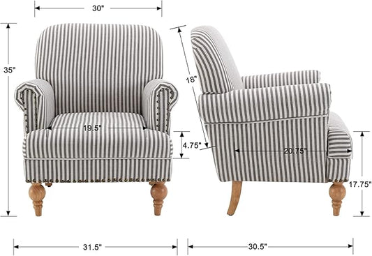 Linen Accent Chair Mid-Century Modern Living Room Armchair with Nailhead Trim & Wood Legs Comfy Upholstered Single Sofa Chair for Lounge/Bedroom/Reception, Black Stripe