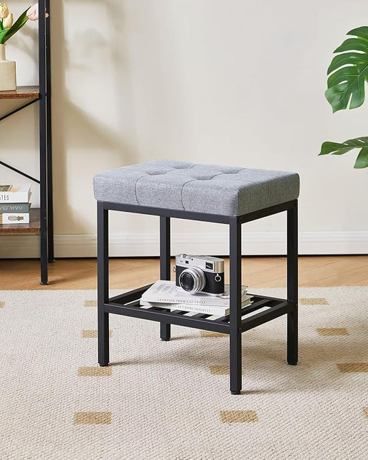 IBUYKE Rectangular Makeup Stool with Adjustable Feet and Storage Space, Footrest Chair, Linen Seat Vanity Stool, Multi-Use as Small Side Table or Ottoman, for Bedroom, Blue Gray WBD017L