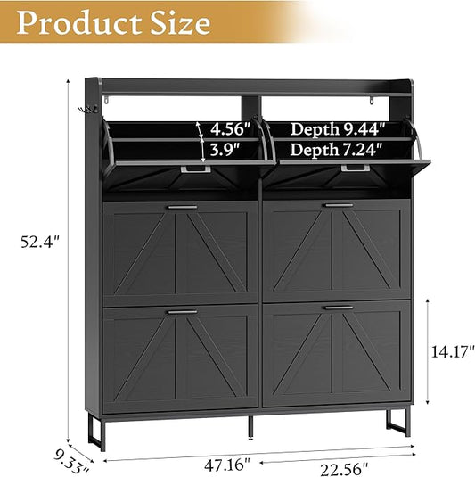Shoe Cabinet Storage for Entryway, Shoe Storage Cabinet with 6 Flip Drawers, Freestanding Narrow Shoe Rack Organizer with Metal Legs, Adjustable Shelves & Open Storage for Foyer, Hallway, Black