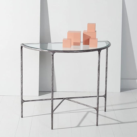 SAFAVIEH Couture Home Collection Jessa Silver Metal/Tempered Glass Top Half Moon Entryway Living Room Console Table (Fully Assembled)