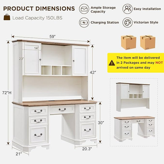 T4TREAM 59" Farmhouse Executive Desk with Hutch,Wood Home Office Computer Desk, Featuring Keyboard Tray,Charging Station,File Drawer, Storage Cabinet,for Work and Study (Antique White)