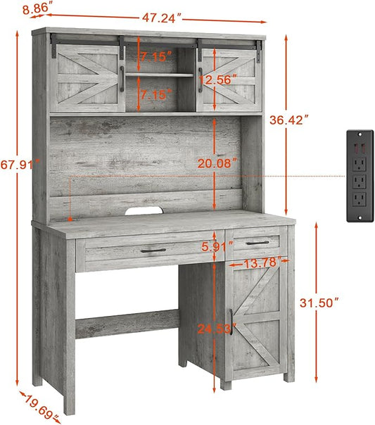 Vabches Farmhouse 47" Executive Desk, Computer Desk with 2 Drawers, LED Light and Storage Cabinet, Home Office Desk with Hutch, Charging Hub, Workstation for Home Office and Study.Grey