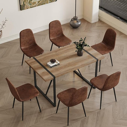 6 Chair Dining Table Set,Dinner Table Set for 6, 55'' Kitchen Table and Suede Nap Fabic Chairs Set of 6, 7 Piece Dining Table Set for Kitchen Dining Room