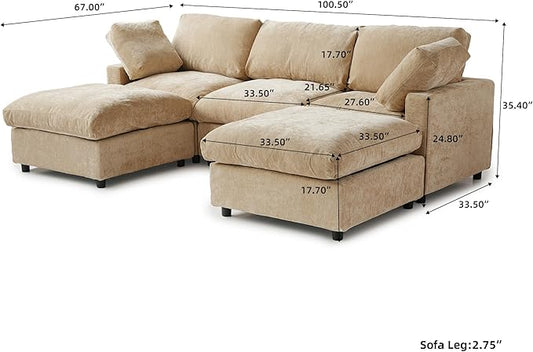 WJShome 100 Inch U Shaped Modern Sofa Modular Sectional Cloud Couch with 2 Ottoman, 4-Seat Chenille Deep Seat Couches for Living Room, Bedroom and Apartment,Khaki