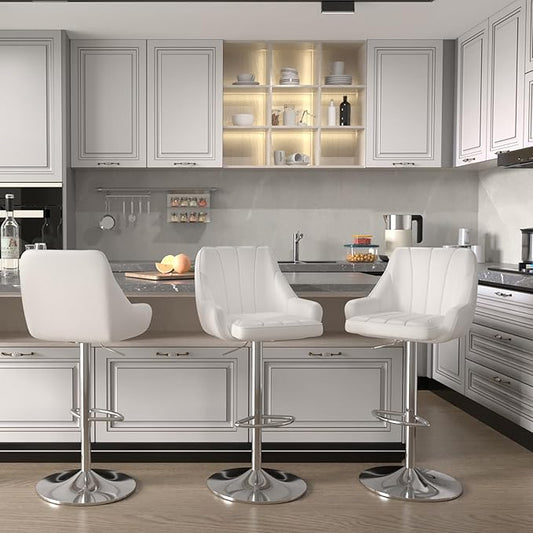 VECELO Bar Stools Set of 4, Adjustable Barstools, Counter Height Stools with Back and Arm, Kitchen Island Stools, Swivel PU Chairs for Pub, Dining Room, Modern Style, White