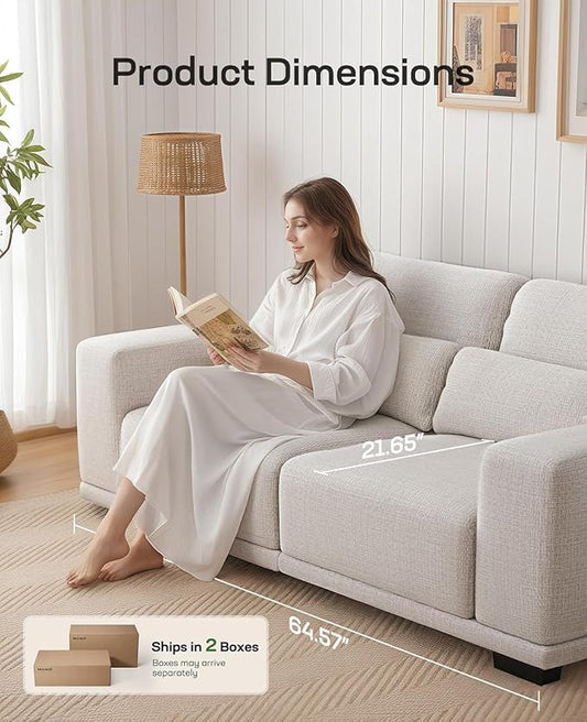 Marsail Modern 65 Inch Linen Fabric Sofa, 2-Seater Couch with Wide Armrests, Deep Cushions & Removable Washable Covers, Comfortable Living Room Furniture, Beige