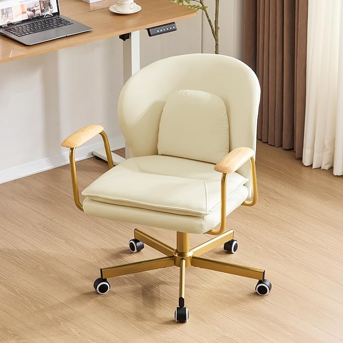Furniliving Leather Home Office Desk Chairs,Comfy Office Chair, Adjustable Swivel Computer Chair with Golden Legs and Wooden Padded Armrest, Modern Upholstered Task Chair with Wheels,Beige