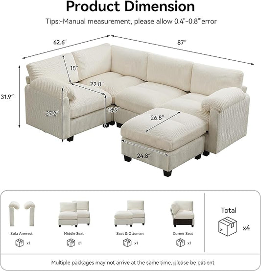 87'' U-Shaped Sectional Sofa with Ottoman, 5-Seater Modular Couches for Living Room, Corduroy Deep Seat Cloud Sofa with Center Stitched, Beige