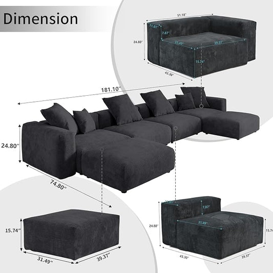 WJShome Cloud Couch Modular Sectional Sofa,181.1inch U Shaped Couch,Oversized Corduroy Couches with Ottoman and 6 Pillows,Black 6 Seater,Cushion Covers Removable& Washable