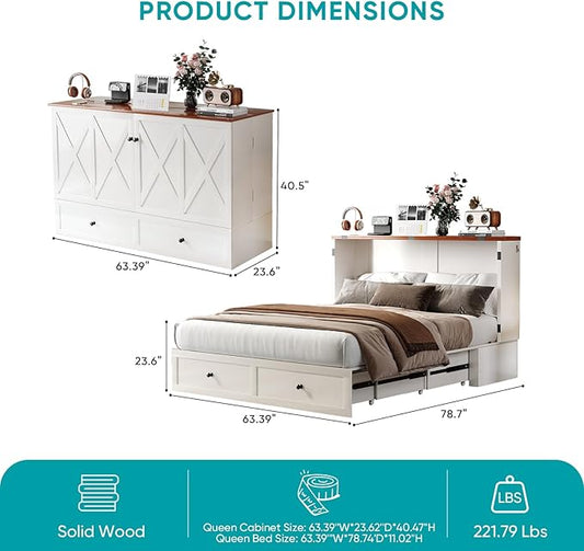 BALUS 63" W Queen Murphy Bed with Tri-Fold Mattress, Queen Size Murphy Cabinet Bed with 2 Storage Drawers & USB Charging Station, Chest Cabinet Beds for Bedroom Guest Room, White