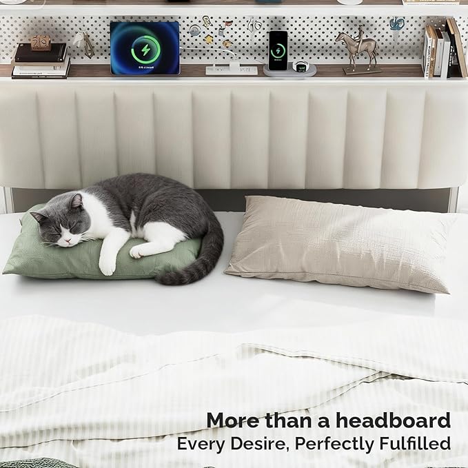 VINGLI Queen Size Headboard Only, Adjustable Upholstered Headboard with 2 Tier Shelves and Pegboard with Charging Stations and LED Lights, Modern Bed Headboard with Storage for Bedroom Decor