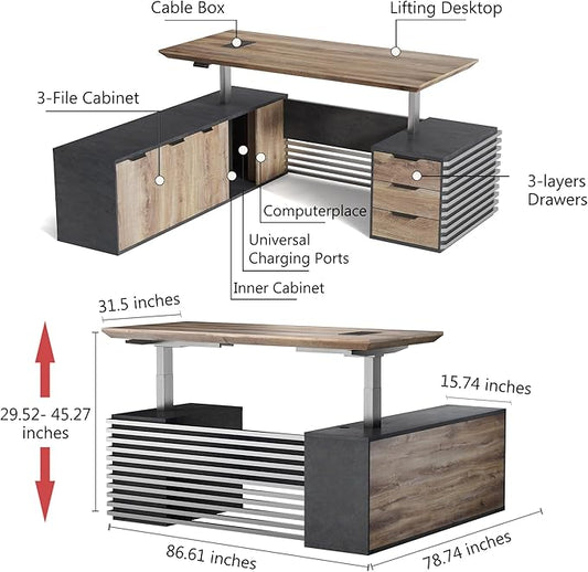 86.61" L Shaped Standing Executive Desk and 63" lateral File Cabinet, Large Adjustable Heigh Office Computer Desk with 3 Drawers,2.3" Desktop,Business Workstation,Black and Warm Oak