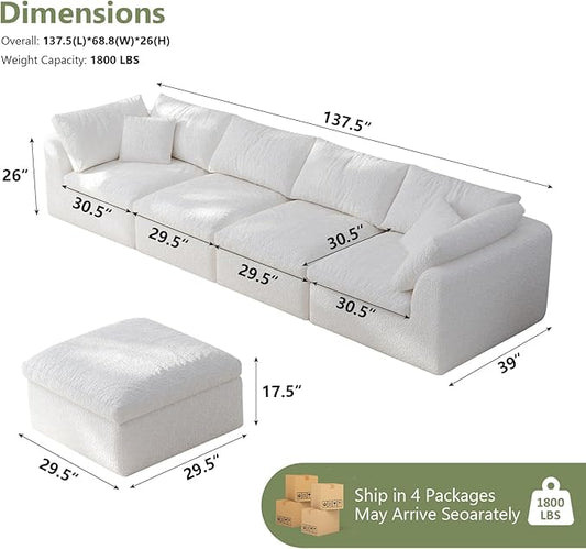 138" Boneless Cloud Couch Modular Sectional Sofa with Deep Seat for Living Room, L Shape Couch with Ottoman, Snowflake Cloth and 40D Memory Sponge,2 Throw Pillows (White, 4 Seater+2 Ottoman)