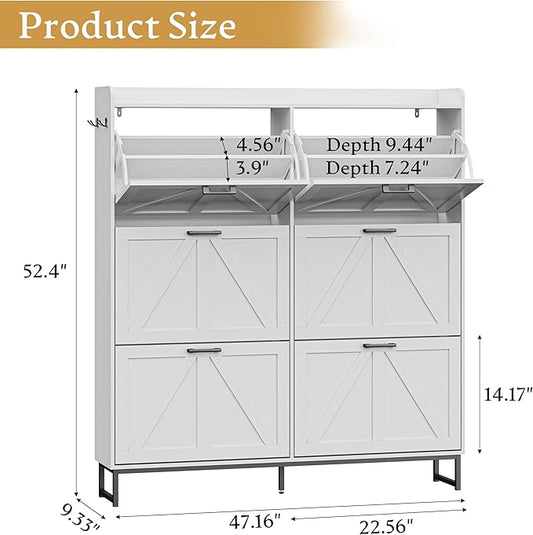Shoe Cabinet Storage for Entryway, Shoe Storage Cabinet with 6 Flip Drawers, Freestanding Narrow Shoe Rack Organizer with Metal Legs, Adjustable Shelves & Open Storage for Foyer, Hallway, White