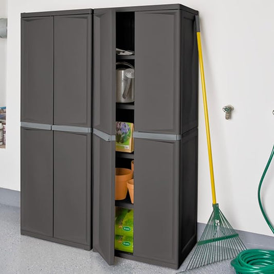 Sterilite 2-Pack 4 Shelf Cabinet, Lockable Utility Storage w/ Adjustable Shelves, Gray - Plastic Shelving Unit for Organizing Garage, Pantry, Basement, Laundry Room or Mudroom