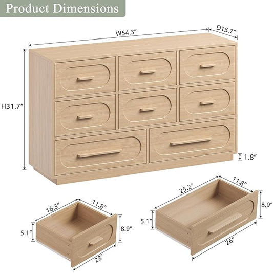 Modern 8 Drawer Dresser for Bedroom, 54" Wide Dressers & Chest of Drawers w/Solid Wood Handle, Wood Mid Century Closet Organizers and Storage Cabinet for Bedroom, Living Room, Hallway, Natural Oak