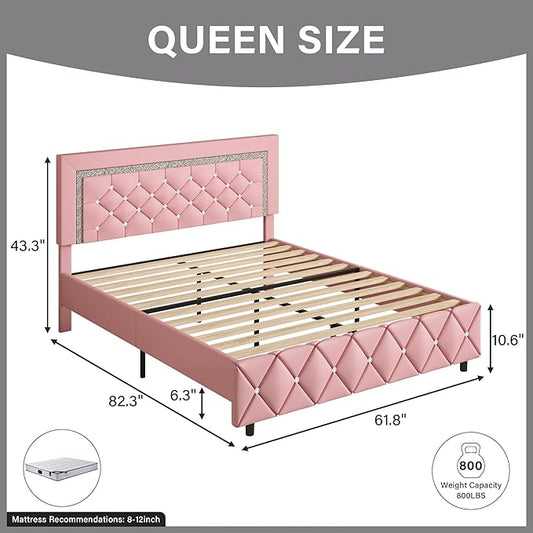 BarnFurin Queen Bed Frame with Headboard, Faux Leather Upholstered Bed with Diamond Tufted Design, Modern Platform Bed Frame, No Box Spring Required, Easy Assembly, Pink